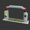 White Security Gate With Red Panels Yellow Black Warning Stripes Yellow Box And Blue Screen