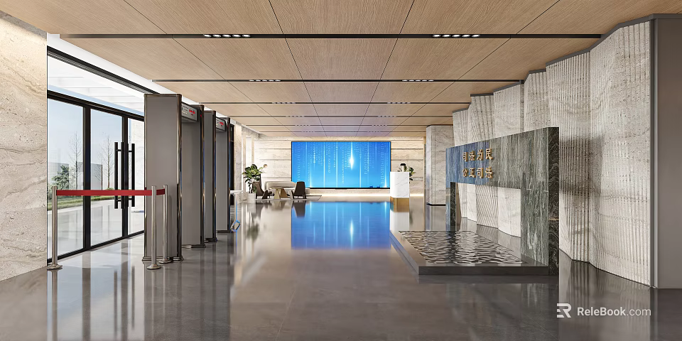 Modern Court Lobby Design With Marble Accents And Digital Screen 3d model 