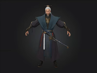 White Haired Ancient Warrior In Traditional Robe With Sword And Weapon Design 3d model