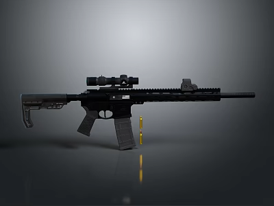 Tactical Modern Black Rifle With Scope And Bullets On Gray Surface 3d model