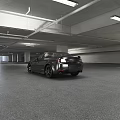 Black Car Parked In Parking Garage With Yellow Lines And Ceiling Lights