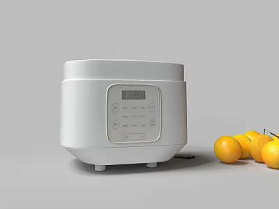White Rice Cooker With Digital Display As Modern Kitchen Appliance And Fresh Oranges 3d model