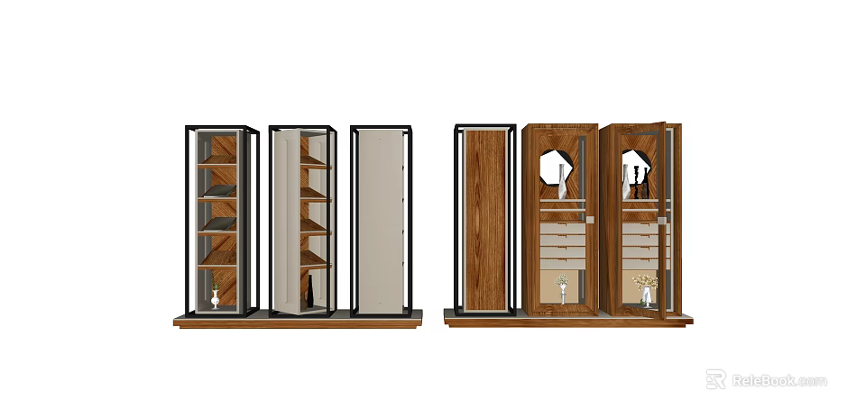 Modern Wooden Storage Cabinets With Glass Doors And Multiple Display Shelves 3d model 