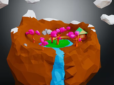 Low Poly Rocky Mountain With Snow Pink Trees Green Meadow Cabin Blue Waterfall and Clouds 3d model