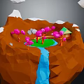 Low Poly Rocky Mountain With Snow Pink Trees Green Meadow Cabin Blue Waterfall and Clouds