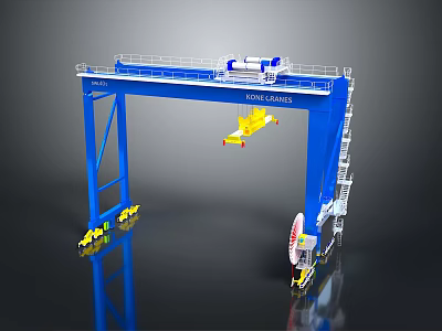 Blue KUKA CLASS Gantry Crane With Yellow Hoist Trolleys And Circular Base Equipment 3d model