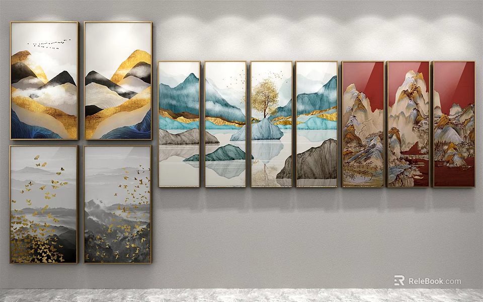 Various Style Landscape Paintings With Mountains Water Trees And Golden Accents 3d model 