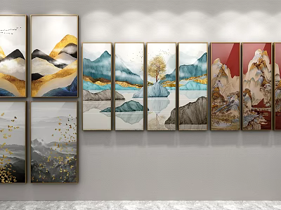 Various Style Landscape Paintings With Mountains Water Trees And Golden Accents 3d model