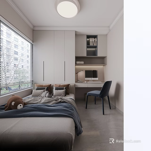Modern Tatami Bedroom Interior Design With Bed Desk Chair Window Blinds Cabinet And Bookshelf 3d model 