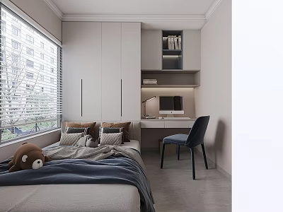 Modern Tatami Bedroom Interior Design With Bed Desk Chair Window Blinds Cabinet And Bookshelf 3d model
