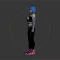 Blue Haired Female Character In Futuristic Armored Suit With Purple Pink Shoes And Tech Design