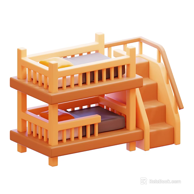 Wooden Two Tier Bunk Bed With Staircase Guardrails And Soft Mattresses 3d model 