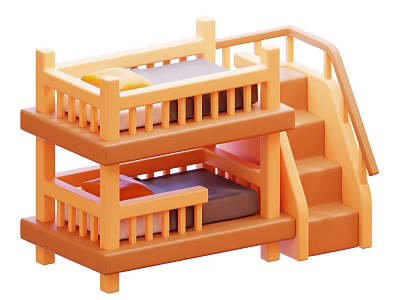 Wooden Two Tier Bunk Bed With Staircase Guardrails And Soft Mattresses 3d model