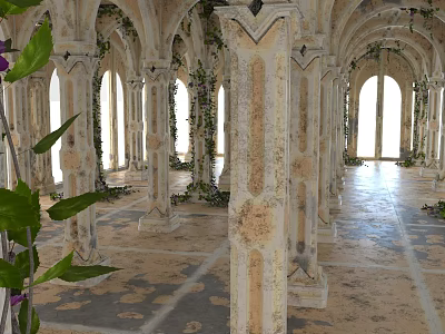 Ancient Architectural Interior With Ornate Columns Arched Arcades And Climbing Vines 3d model