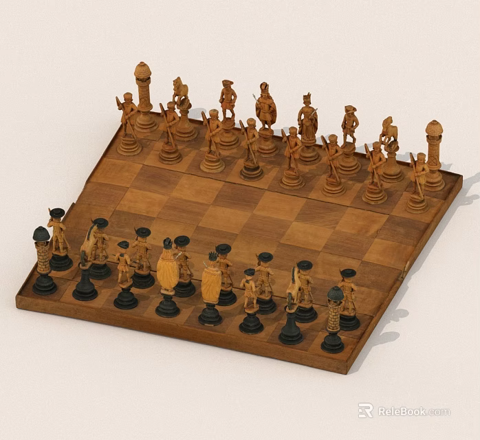 Decorative Wooden Chess Set With Intricate Carved Pieces On Checkered Board 3d model 