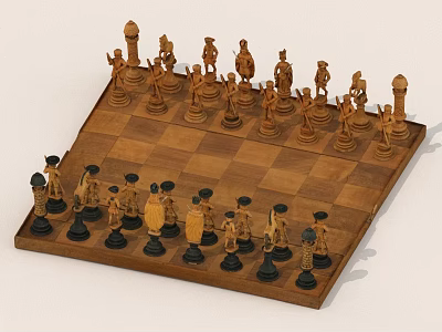 Decorative Wooden Chess Set With Intricate Carved Pieces On Checkered Board 3d model