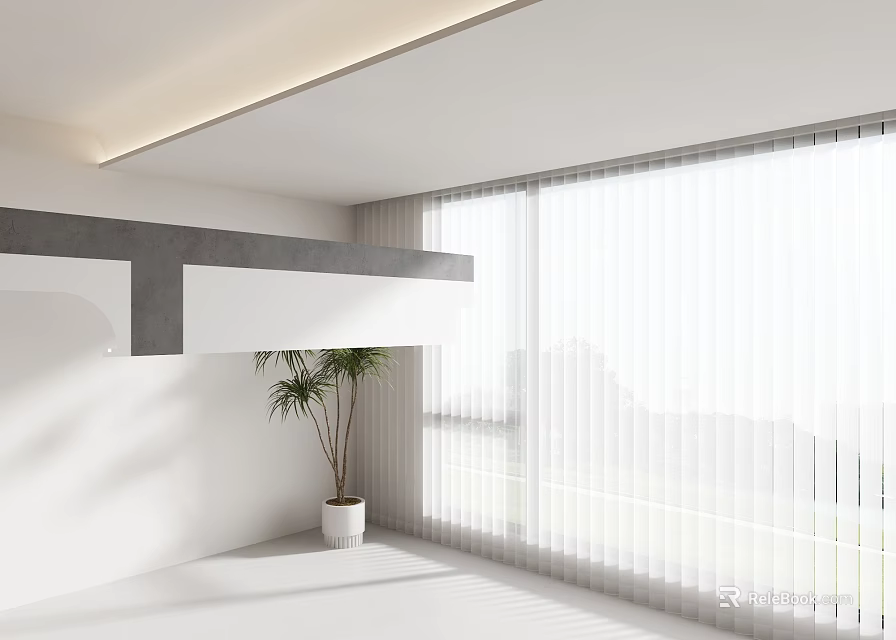 Modern White Ceiling Design In Bright Interior With Large Windows And Blinds 3d model 