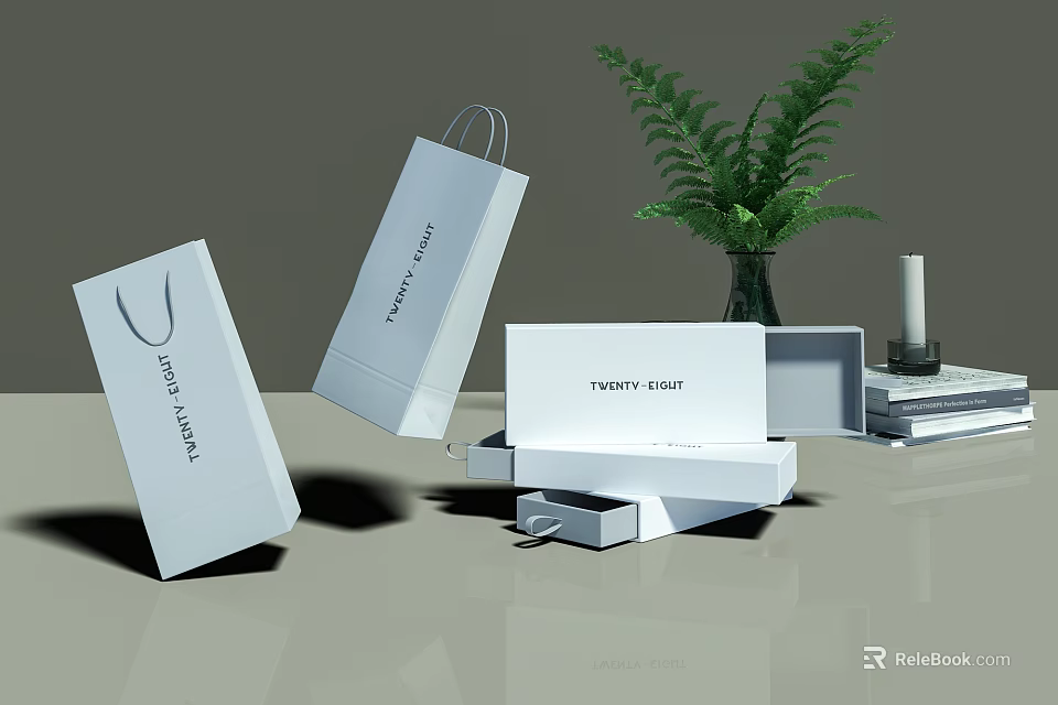 Elegant Decorative Ornament Set With White Shopping Bags Boxes Green Plant Vase Candle And Books 3d model 