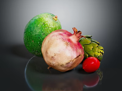 Fresh Assorted Fruits and Vegetables Including Avocado Pomegranate Artichoke and Cherry Tomato 3d model