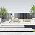 Outdoor Sofa With Wooden Frame Coffee Table Green Plants And Striped Fence In Garden