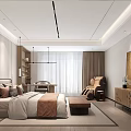 Modern Bedroom Interior Design With King Bed Decorative Wall Art And Hanging Lamps