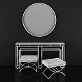 Elegant Dressing Table With Round Black Mirror Gold Frame Marble Top And Upholstered Stools 3d model