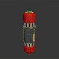 Red Cylindrical Household Container With Black Yellow Accents And Silver Top