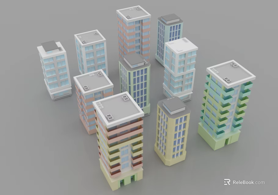 Multiple Modern Multi Floor Residential Buildings With Colorful Exteriors And Varied Designs 3d model 