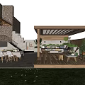 Garden Landscape with Wooden Pergola Outdoor Furniture Wooden Deck Stone Steps and Green Plants