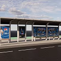 Modern Bus Stop Shelter With Advertising Boards Near Waterfront And Trees Along Road