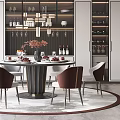 Modern Restaurant Interior With Round Dining Table Pendant Lights And Wine Cabinets 3d model