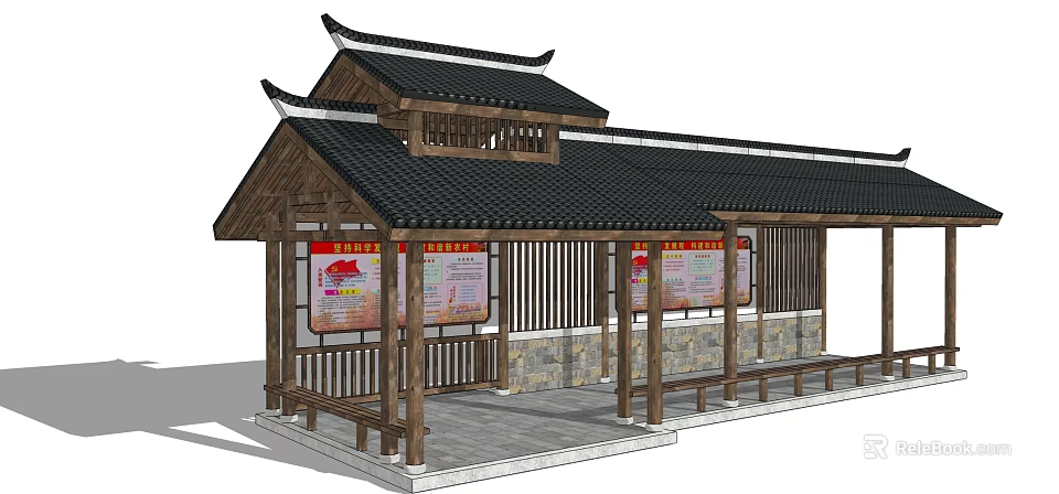 Traditional Chinese Garden Pavilion With Black Tile Roof Wooden Structure Stone Base And Notice Boards 3d model 