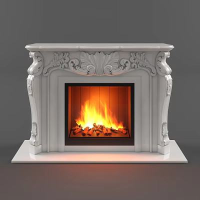 White Carved Marble Fireplace With Burning Flames And Wood Logs In Classic Style 3d model