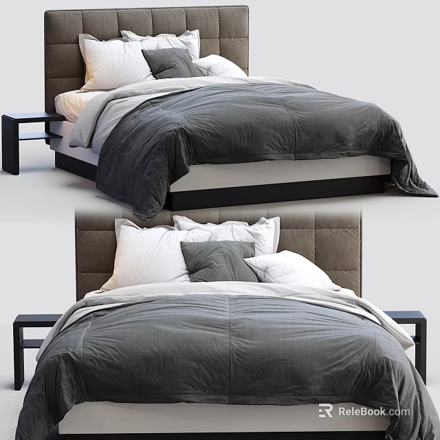 Modern Double Bed With Gray Comforter White And Gray Pillows And Headboard 3d model 