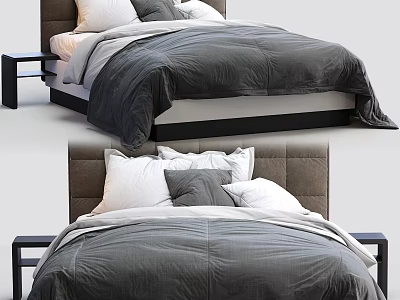 Modern Double Bed With Gray Comforter White And Gray Pillows And Headboard 3d model