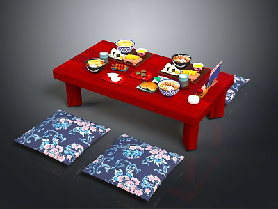 Traditional Assorted Food Dishes On Red Low Table With Blue Floral Cushions 3d model