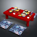 Traditional Assorted Food Dishes On Red Low Table With Blue Floral Cushions