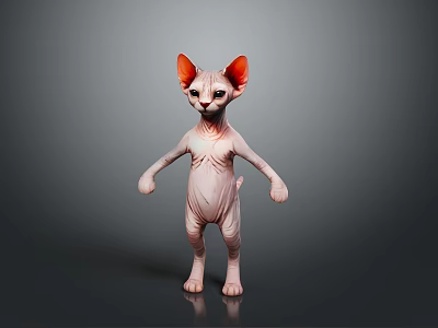Adorable Sphynx Cat In Standing Pose With Pink Body And Orange Ears On Dark Background 3d model