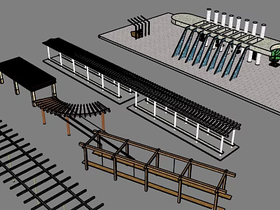 Different Pergola Designs With Wooden Frames Black Lattice Tops And White Columns 3d model