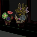 Cartoon Green Plant and Yellow Flower with Big Eyes in Brown Pots on Blue Windowsill