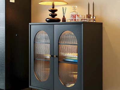 Elegant Black Entryway Console Cabinet With Glass Panel Doors And Decorative Items On Top 3d model