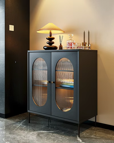 Elegant Black Entryway Console Cabinet With Glass Panel Doors And Decorative Items On Top 3d model