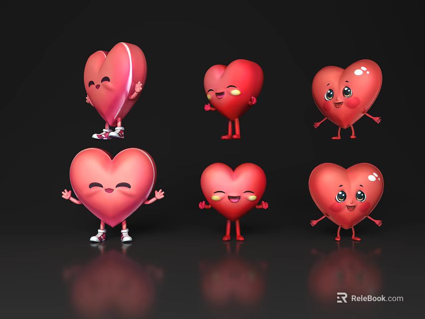 Heart Shaped Decorative Ornament Set with Various Expressions Poses Red Pink Smiling Winking Waving Standing 3d model 