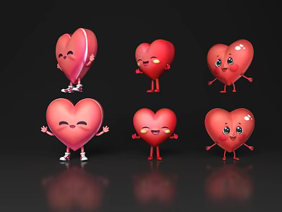 Heart Shaped Decorative Ornament Set with Various Expressions Poses Red Pink Smiling Winking Waving Standing 3d model