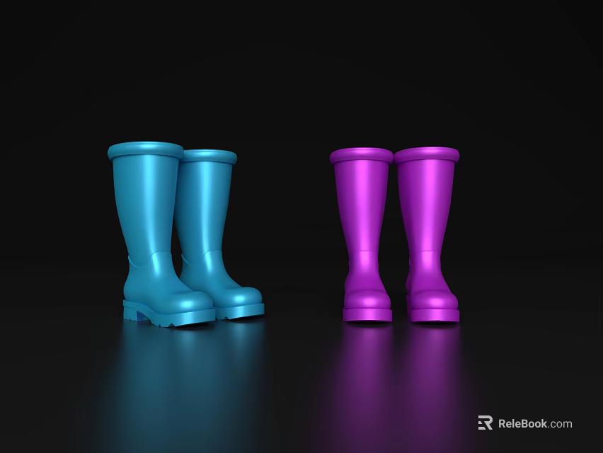 Two Pairs of Stylish Blue and Purple Rain Boots on Black Background 3d model 