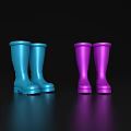 Two Pairs of Stylish Blue and Purple Rain Boots on Black Background