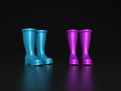 Two Pairs of Stylish Blue and Purple Rain Boots on Black Background 3d model Two Pairs of Stylish Blue and Purple Rain Boots on Black Background 3d model