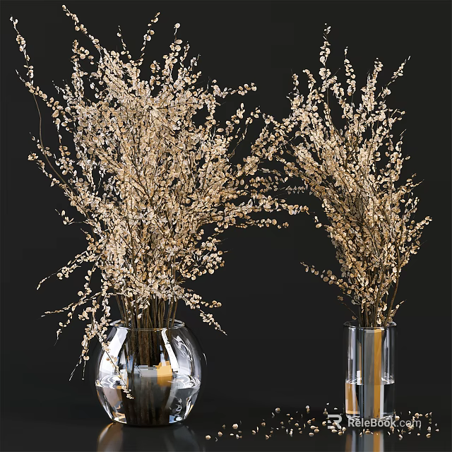 Two Glass Vases With Dried Flowers And Slender Branches On Black Background 3d model 