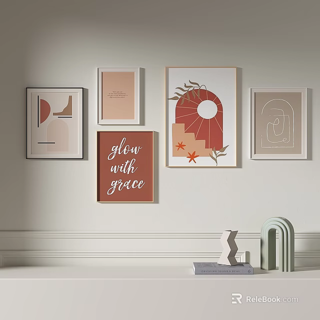 Modern Wall Decor with Framed Artworks Geometric Shapes and Text Elements 3d model
