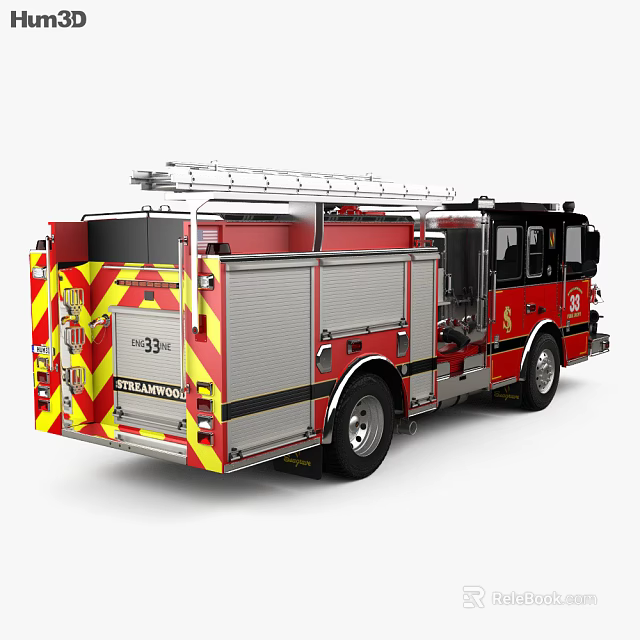 Red Fire Truck With Yellow Stripes Ladder Fire Department Logo And Water Tank 3d model 